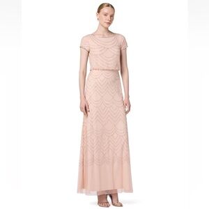 Adrianna Papell Blush Short Sleeve Blouson Beaded Formal gown Special Event Sz 8